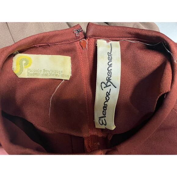 Vtg 70s Russet Brown Knit Polyester 3 Piece Pleated Skirt Set Tunic Keyhole Neck - Picture 10 of 11